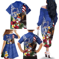United States and Northern Mariana Islands Family Matching Off The Shoulder Long Sleeve Dress and Hawaiian Shirt USA Flag Eagle CNMI Latte Stone Tropical Flowers
