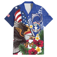 United States and Northern Mariana Islands Family Matching Off The Shoulder Long Sleeve Dress and Hawaiian Shirt USA Flag Eagle CNMI Latte Stone Tropical Flowers