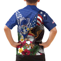 United States and Northern Mariana Islands Family Matching Off Shoulder Maxi Dress and Hawaiian Shirt USA Flag Eagle CNMI Latte Stone Tropical Flowers