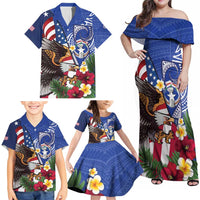 United States and Northern Mariana Islands Family Matching Off Shoulder Maxi Dress and Hawaiian Shirt USA Flag Eagle CNMI Latte Stone Tropical Flowers