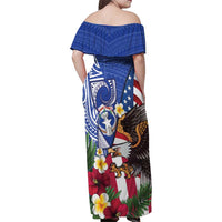 United States and Northern Mariana Islands Family Matching Off Shoulder Maxi Dress and Hawaiian Shirt USA Flag Eagle CNMI Latte Stone Tropical Flowers
