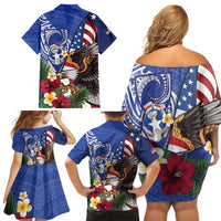 United States and Northern Mariana Islands Family Matching Off Shoulder Short Dress and Hawaiian Shirt USA Flag Eagle CNMI Latte Stone Tropical Flowers LT14 - Polynesian Pride