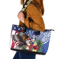 United States and Northern Mariana Islands Leather Tote Bag USA Flag Eagle CNMI Latte Stone Tropical Flowers LT14 Blue - Polynesian Pride