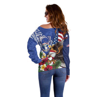 United States and Northern Mariana Islands Off Shoulder Sweater USA Flag Eagle CNMI Latte Stone Tropical Flowers