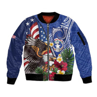 United States and Northern Mariana Islands Sleeve Zip Bomber Jacket USA Flag Eagle CNMI Latte Stone Tropical Flowers LT14 Unisex Blue - Polynesian Pride