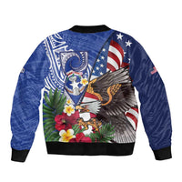 United States and Northern Mariana Islands Sleeve Zip Bomber Jacket USA Flag Eagle CNMI Latte Stone Tropical Flowers LT14 - Polynesian Pride