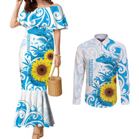 New Zealand Autism Awareness Month Couples Matching Mermaid Dress and Long Sleeve Button Shirt Takiwatanga Maori Lizard With Sunflower