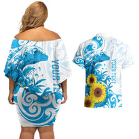 New Zealand Autism Awareness Month Couples Matching Off Shoulder Short Dress and Hawaiian Shirt Takiwatanga Maori Lizard With Sunflower