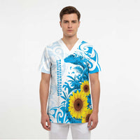 New Zealand Autism Awareness Month Scrub Top Takiwatanga Maori Lizard With Sunflower - Polynesian Pride