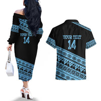 Fiji Rugby 2025 Custom Couples Matching Off The Shoulder Long Sleeve Dress and Hawaiian Shirt Fijian Tapa Toso Viti Toso - Black
