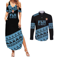 Fiji Rugby 2025 Custom Couples Matching Summer Maxi Dress and Long Sleeve Button Shirt Fijian Tapa Toso Viti Toso - Black