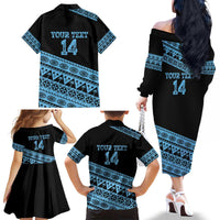 Fiji Rugby 2025 Custom Family Matching Off The Shoulder Long Sleeve Dress and Hawaiian Shirt Fijian Tapa Toso Viti Toso - Black