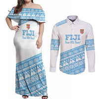 Fiji Rugby 2025 Custom Couples Matching Off Shoulder Maxi Dress and Long Sleeve Button Shirt Fijian Tapa Toso Viti Toso - White