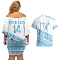 Fiji Rugby 2025 Custom Couples Matching Off Shoulder Short Dress and Hawaiian Shirt Fijian Tapa Toso Viti Toso - White