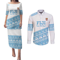Fiji Rugby 2025 Custom Couples Matching Puletasi and Long Sleeve Button Shirt Fijian Tapa Toso Viti Toso - White