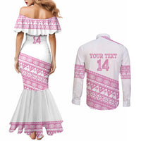 Fiji Rugby 2025 Custom Couples Matching Mermaid Dress and Long Sleeve Button Shirt Fijian Tapa Toso Viti Toso - Pink