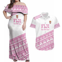 Fiji Rugby 2025 Custom Couples Matching Off Shoulder Maxi Dress and Hawaiian Shirt Fijian Tapa Toso Viti Toso - Pink LT14 Pink - Polynesian Pride