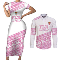 Fiji Rugby 2025 Custom Couples Matching Short Sleeve Bodycon Dress and Long Sleeve Button Shirt Fijian Tapa Toso Viti Toso - Pink