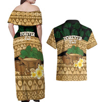 Bula Fiji Kava Bowl Couples Matching Off Shoulder Maxi Dress and Hawaiian Shirt Fijian Tapa Cloth Vintage Vibe