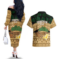 Bula Fiji Kava Bowl Couples Matching Off The Shoulder Long Sleeve Dress and Hawaiian Shirt Fijian Tapa Cloth Vintage Vibe