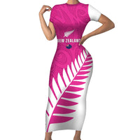 New Zealand Silver Fern Rugby Custom Family Matching Short Sleeve Bodycon Dress and Hawaiian Shirt Go All Black Maori Pink Version