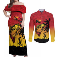 Custom Papua New Guinea Cricket Couples Matching Off Shoulder Maxi Dress and Long Sleeve Button Shirt PNG Barramundis LT14 Red - Polynesian Pride