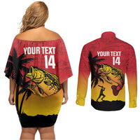 Custom Papua New Guinea Cricket Couples Matching Off Shoulder Short Dress and Long Sleeve Button Shirt PNG Barramundis LT14 - Polynesian Pride