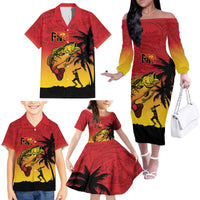 Custom Papua New Guinea Cricket Family Matching Off The Shoulder Long Sleeve Dress and Hawaiian Shirt PNG Barramundis - Polynesian Pride