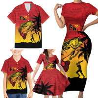 Custom Papua New Guinea Cricket Family Matching Short Sleeve Bodycon Dress and Hawaiian Shirt PNG Barramundis LT14 - Polynesian Pride