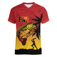 Custom Papua New Guinea Cricket Women V-Neck T-Shirt PNG Barramundis LT14 Female Red - Polynesian Pride