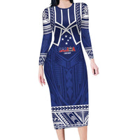 Custom Samoa Cricket Long Sleeve Bodycon Dress Go Champions Samoan LT14 Long Dress Blue - Polynesian Pride