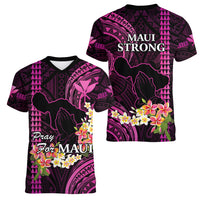 Hawaii Women V Neck T Shirt Pray For Maui Hawaiian Plumeria Be Strong Pink Verison LT14 - Polynesian Pride