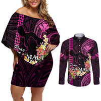 Personalised Hawaii Couples Matching Off Shoulder Short Dress and Long Sleeve Button Shirts Pray For Maui Hawaiian Plumeria Be Strong Pink Verison LT14 Pink - Polynesian Pride