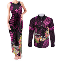 Personalised Hawaii Couples Matching Tank Maxi Dress and Long Sleeve Button Shirts Pray For Maui Hawaiian Plumeria Be Strong Pink Verison LT14 Pink - Polynesian Pride