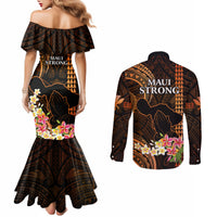 Hawaii Couples Matching Mermaid Dress and Long Sleeve Button Shirts Pray For Maui Hawaiian Plumeria Be Strong Gold Verison LT14 - Polynesian Pride