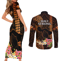 Hawaii Couples Matching Short Sleeve Bodycon Dress and Long Sleeve Button Shirts Pray For Maui Hawaiian Plumeria Be Strong Gold Verison LT14 - Polynesian Pride