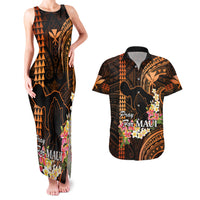 Personalised Hawaii Couples Matching Tank Maxi Dress and Hawaiian Shirt Pray For Maui Hawaiian Plumeria Be Strong Gold Verison LT14 Gold - Polynesian Pride