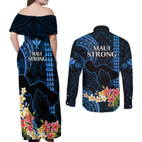 Hawaii Couples Matching Off Shoulder Maxi Dress and Long Sleeve Button Shirts Pray For Maui Hawaiian Plumeria Be Strong Blue Verison LT14 - Polynesian Pride