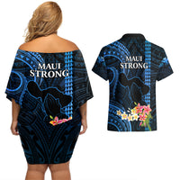 Hawaii Couples Matching Off Shoulder Short Dress and Hawaiian Shirt Pray For Maui Hawaiian Plumeria Be Strong Blue Verison LT14 - Polynesian Pride