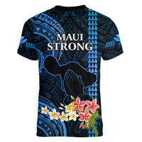 Hawaii Women V Neck T Shirt Pray For Maui Hawaiian Plumeria Be Strong Blue Verison LT14 - Polynesian Pride