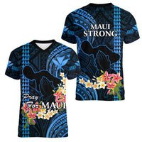 Hawaii Women V Neck T Shirt Pray For Maui Hawaiian Plumeria Be Strong Blue Verison LT14 - Polynesian Pride