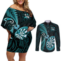 New Zealand Darts Couples Matching Off Shoulder Short Dress and Long Sleeve Button Shirts Happiness Is A Tight Threesome Maori Turquoise LT14 Turquoise - Polynesian Pride