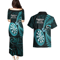 New Zealand Darts Couples Matching Puletasi Dress and Hawaiian Shirt Happiness Is A Tight Threesome Maori Turquoise LT14 - Polynesian Pride