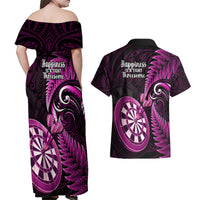 New Zealand Darts Couples Matching Off Shoulder Maxi Dress and Hawaiian Shirt Happiness Is A Tight Threesome Maori Pink LT14 - Polynesian Pride