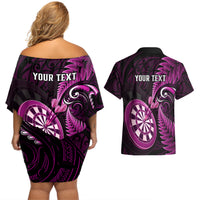 Personalised New Zealand Darts Couples Matching Off Shoulder Short Dress and Hawaiian Shirt Happiness Is A Tight Threesome Maori Pink LT14 - Polynesian Pride