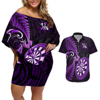 Personalised New Zealand Darts Couples Matching Off Shoulder Short Dress and Hawaiian Shirt Happiness Is A Tight Threesome Maori Purple LT14 Purple - Polynesian Pride