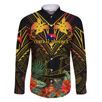 Papua New Guinea Central Province Family Matching Puletasi Dress and Hawaiian Shirt Papua Niugini Coat Of Arms With Flag Style LT14 Dad's Shirt - Long Sleeve Black - Polynesian Pride