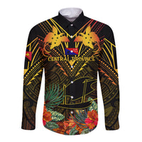Papua New Guinea Central Province Long Sleeve Button Shirt Papua Niugini Coat Of Arms With Flag Style LT14 Unisex Black - Polynesian Pride