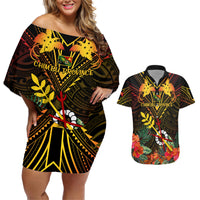 Papua New Guinea Chimbu Province Couples Matching Off Shoulder Short Dress and Hawaiian Shirt Papua Niugini Coat Of Arms With Flag Style LT14 Black - Polynesian Pride