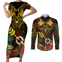 Papua New Guinea Chimbu Province Couples Matching Short Sleeve Bodycon Dress and Long Sleeve Button Shirts Papua Niugini Coat Of Arms With Flag Style LT14 Black - Polynesian Pride
